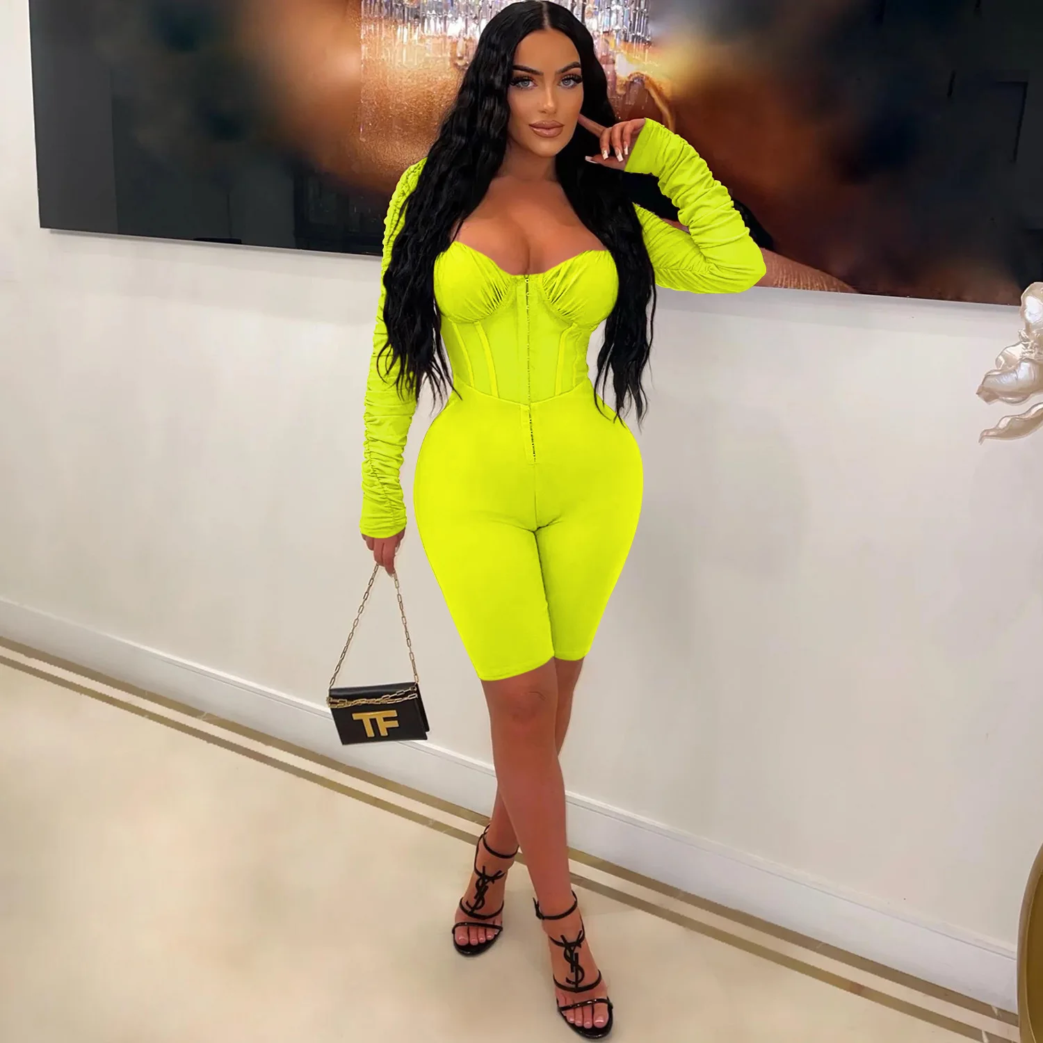 

2022 Summer Women's Fashion Solid Color Long Sleeve Sexy Mesh Stitching Tight Jumpsuit