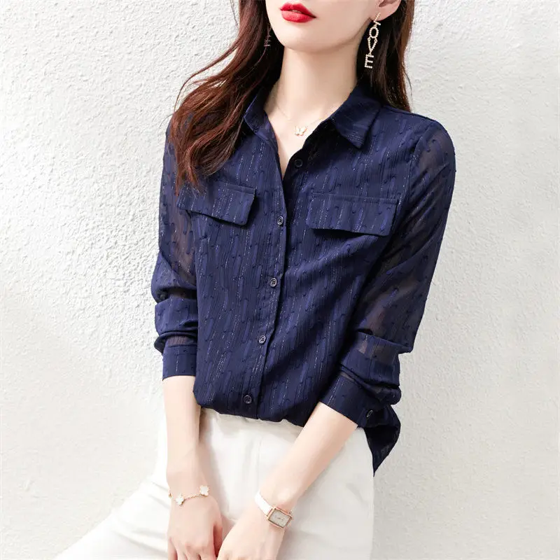 Fashion Bright Silk Gauze Spliced Long Sleeve Blouse Spring Autumn Women's Clothing Office Lady Vintage Turn-down Collar Shirt