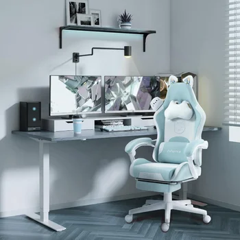 Dowinx Gaming Chair Cute with Cat Ears and Massage Lumbar Support, Ergonomic Computer Chair for Girl with Footrest and Headrest,