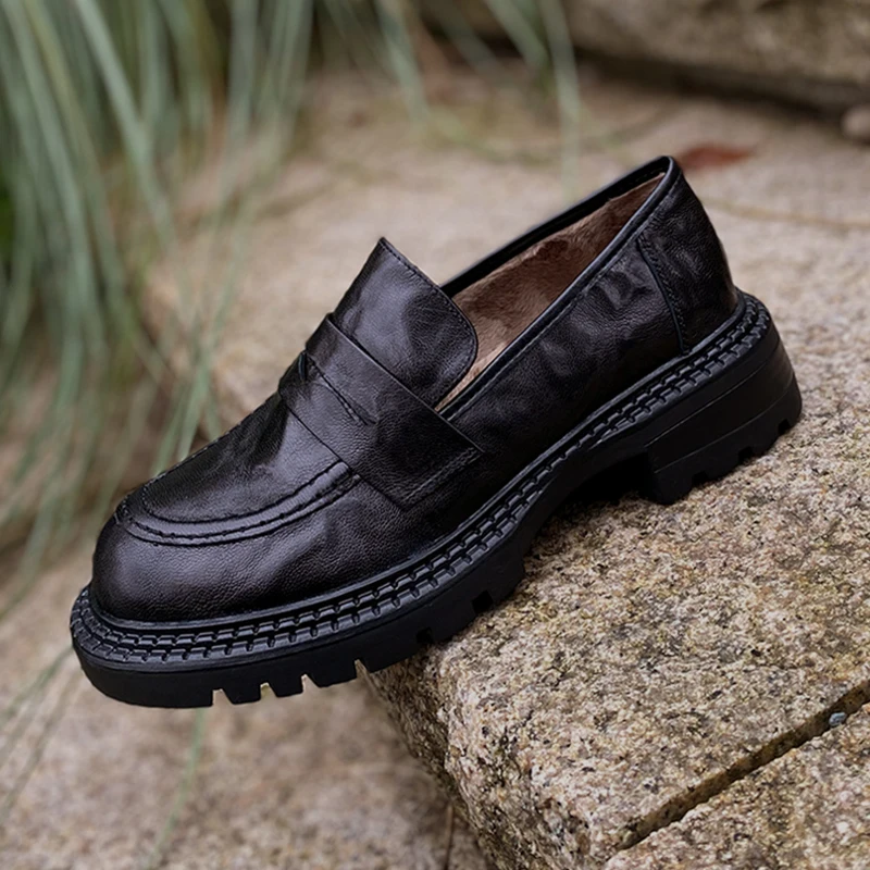 

Heihaian Loafers 2023 Suitable For Winter Round Head Thick Soled Brown Single Shoes Retro Style Basic Simple Shoes Women