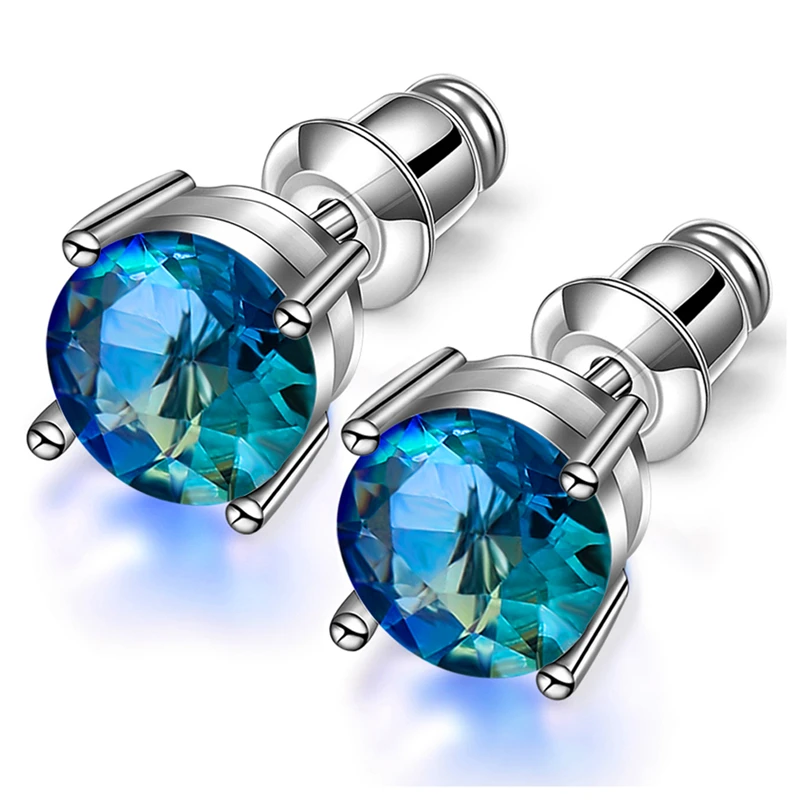 Charm Female Crystal Blue Green Zircon Stone Round Stud Earrings Vintage Silver Color Wedding Fashion Jewelry For Women