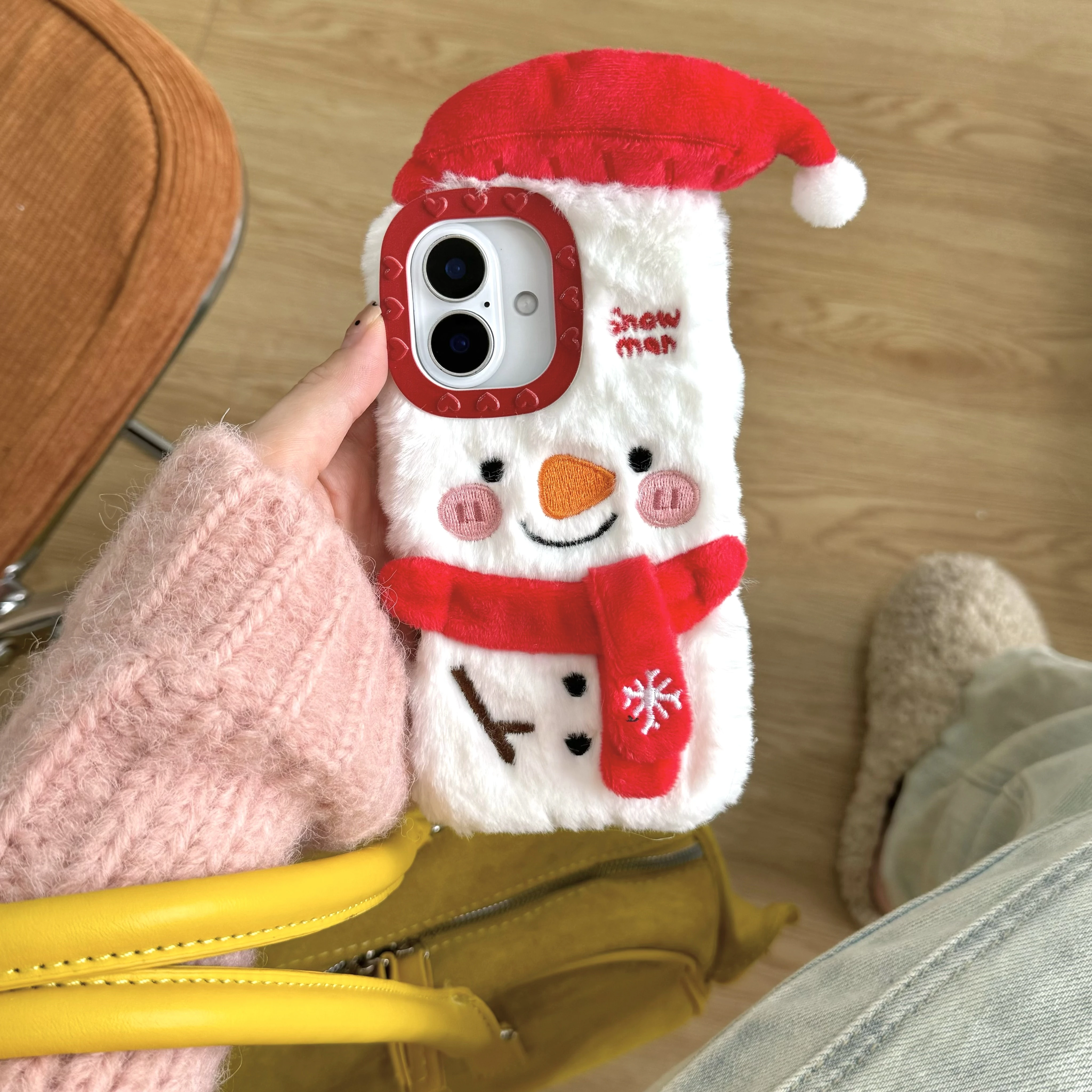 Japan Korea Ins Autumn Winter Plush Scarf Snowman Hat Phone Case for iPhone 16 15 14 13 Pro Max Back Cover Funda