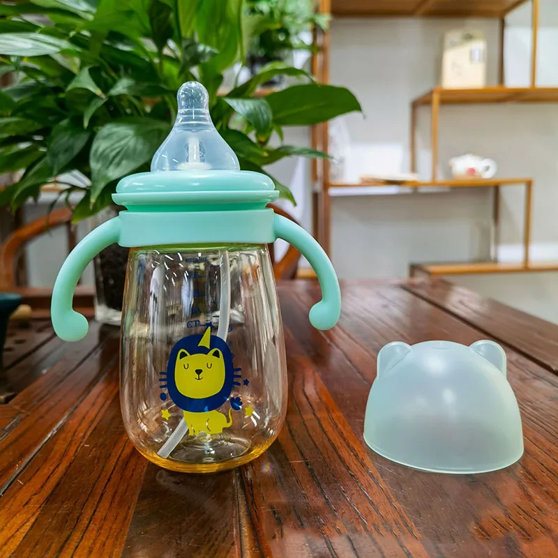 300ml PPSU Portable Double Handle Infant Drop-proof Baby Wide-caliber Milk Bottle Straw Handle Newborn Baby Feeding Bottle Milk Bottle Feeding Bottle