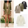 PB&ZA2023 Autumn New Multicolor Fashion Women's Printed Sleeves Curly Linen Button Free Lapel Open Blazer 1