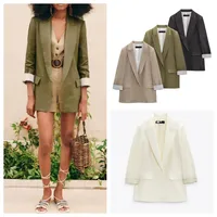 PB&ZA2023 Autumn New Multicolor Fashion Women's Printed Sleeves Curly Linen Button Free Lapel Open Blazer 1