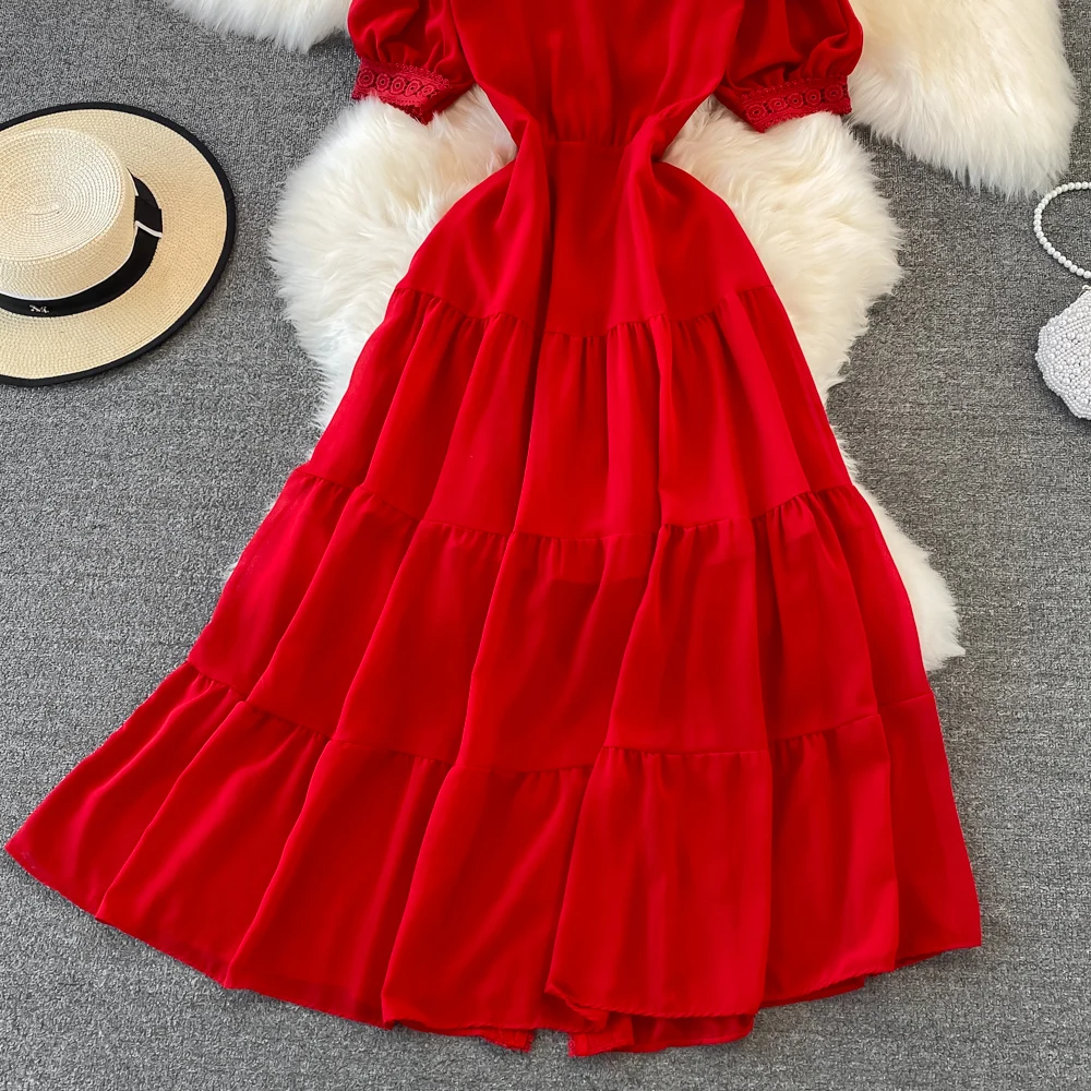 New Women Vintage Party Dress Summer Puff Sleeve Sexy V Neck Lace Single-breasted Long Dresses Ladies A Line Elegant Long Robe