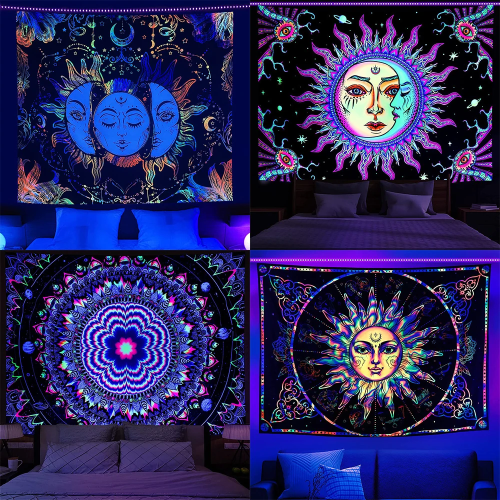 Psychedelic Black Light Indie Mandala Flourescent Tapestry Buddha UV Reactive Tapestries Wall Hanging Hippie Tapestry Room Decor 1