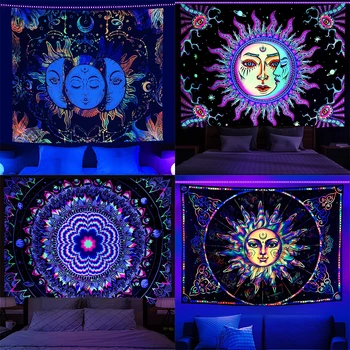 Tapisserie psychédélique avec lumière noire, Indie Mandala, Flourescent, Bouddha, UV réactif, Tapisseries, Mur, Hiphelicopter, Décor de chambre 1