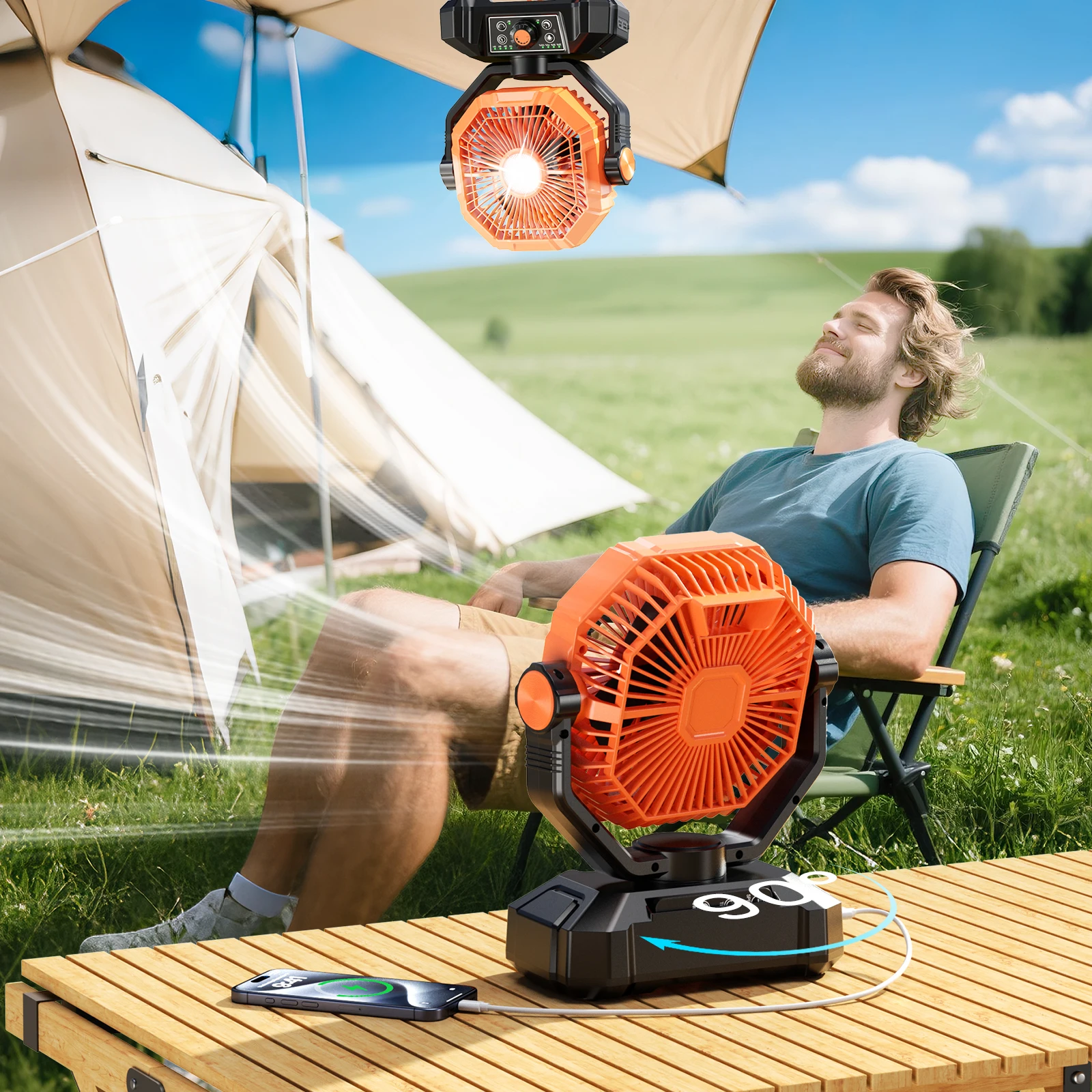 20000mAh Camping Fan with LED Lantern 8 Speed Desk Fan with Remote Portable Outdoor Fan with Hook for Tent Power Outages Jobsite 2