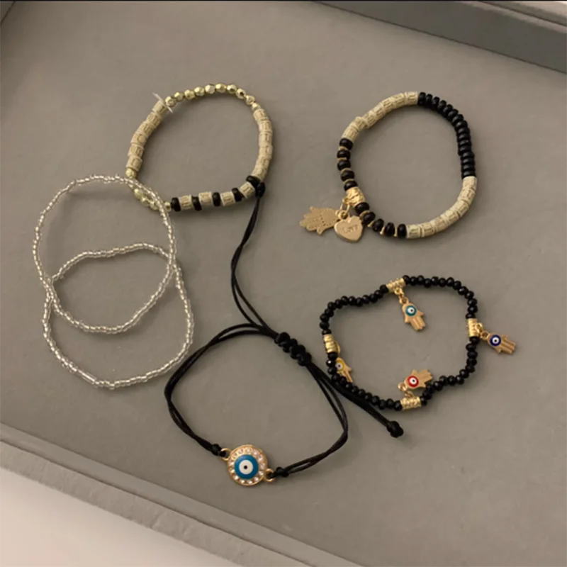 Beaded Bracelet Vintage Bohemia Multilayer Elastic Beaded Bracelets Set For Women Evil Eye Beads Combination Handmade Bracelet Jewelry Gift