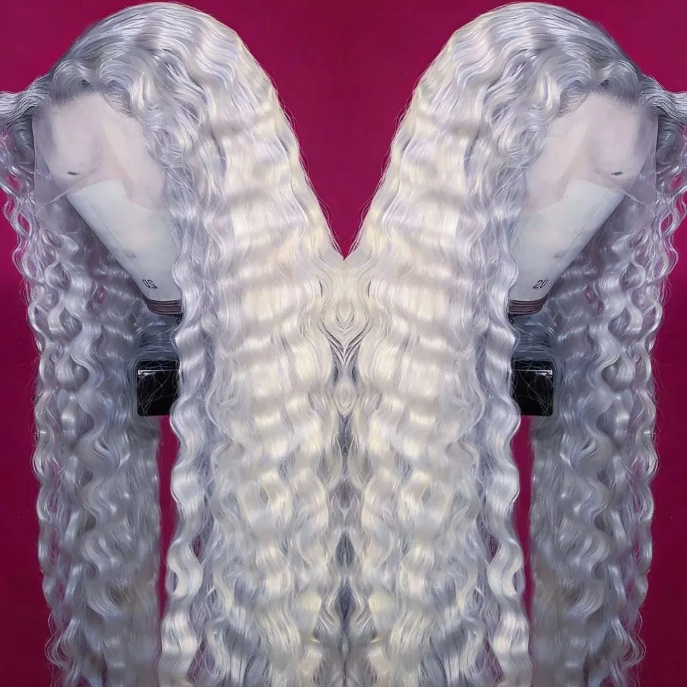 Glueless Grey Colored Deep Wave Human Hair Wigs For Women Silver Gray 13x4 Lace Wig Preplucked HD Transparent Lace Frontal Wig 2