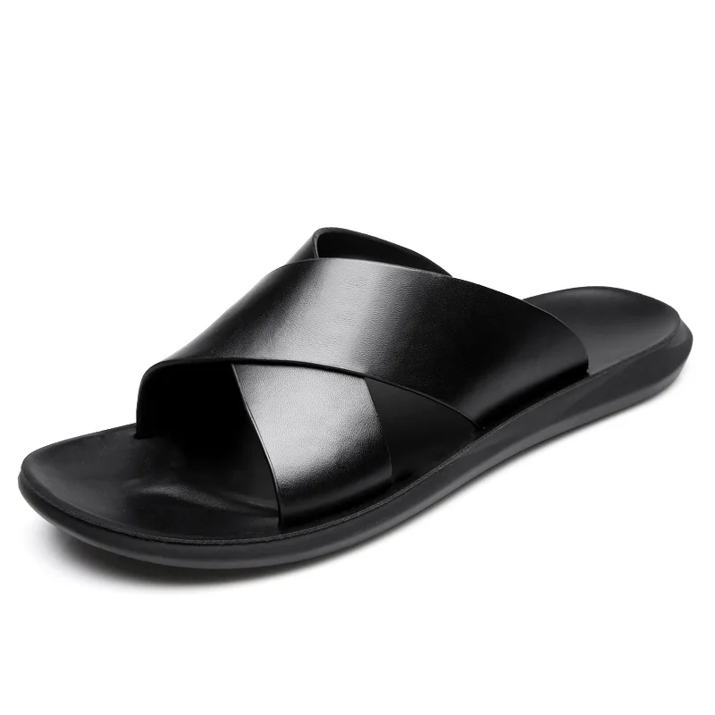 【新品】 SLIPPER　　　　 LEATHER/BLACK 26㎝ Leather Slippers For Men New Hotel Beach Summer Shoes High