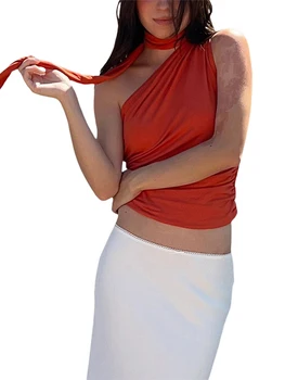 Women Solid Color Tank Tops One Shoulder Oblique Collar Sleeveless Vests Summer Fit Crop Tops with Choker 5