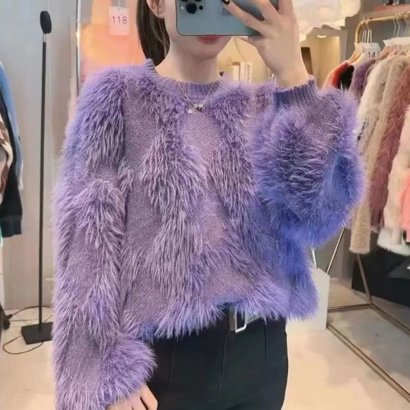 

Autumn and Winter New Slim Diamond Checker Colored Imitation Mink Fleece Round Neck Pullover Sweater Coat Bottom