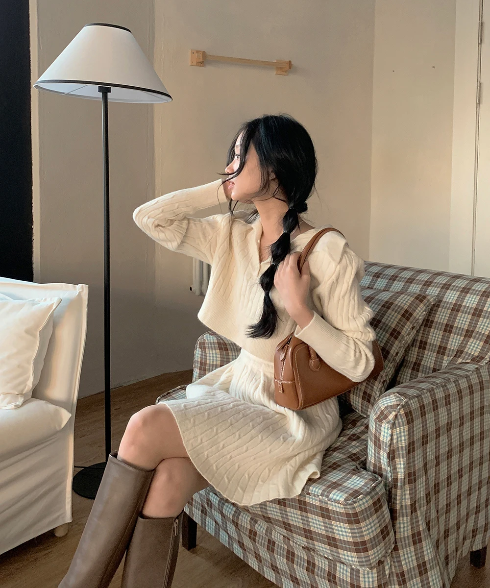 Korean Fashion Two-piece Set Women Pullover Turn-down Collar Crop Top Mini Skirt Solid Casual Suit Autumn New Knitwear Outfits