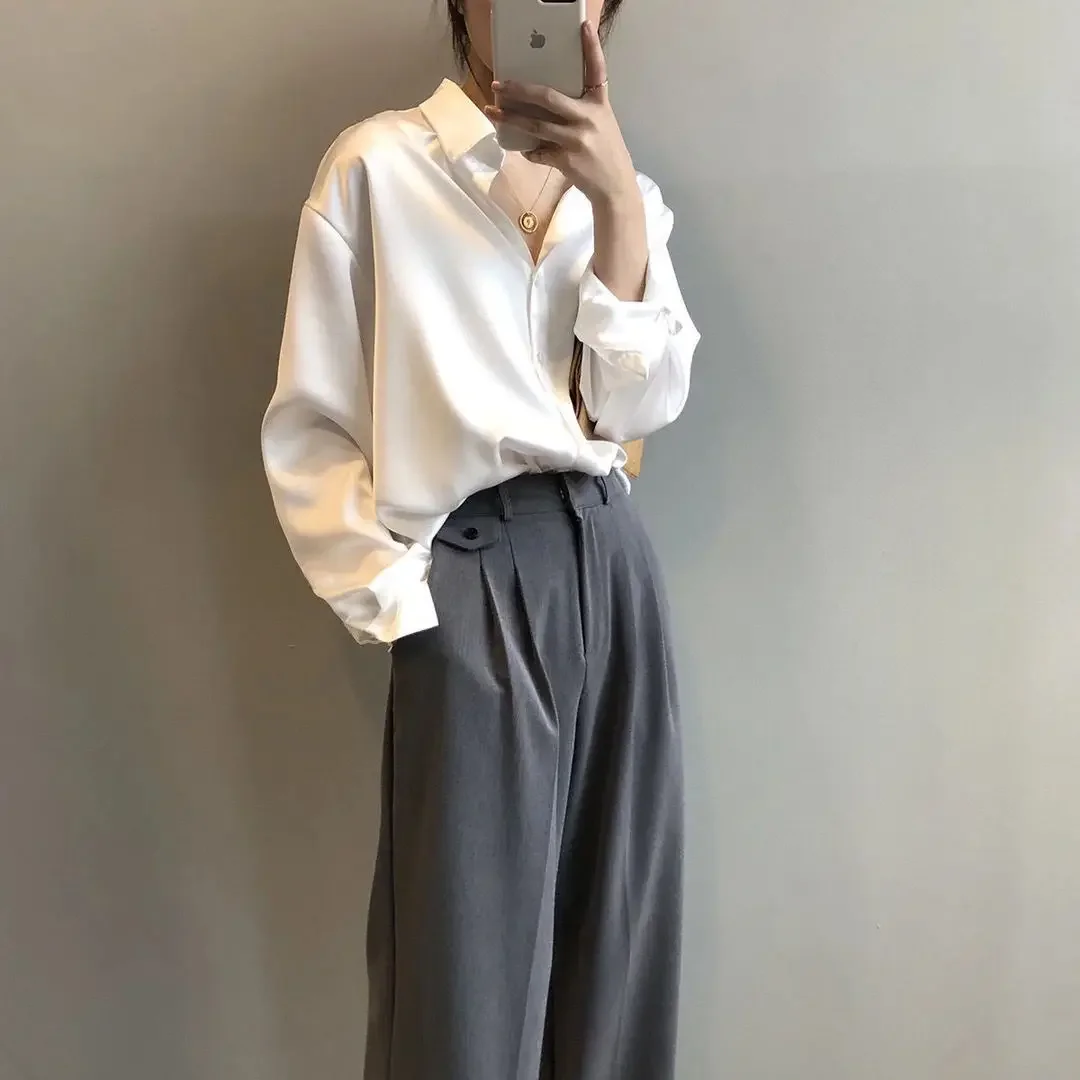 2024 Summer Spring Button Satin Silk T Shirt Vintage Blouse Women Lady Long Sleeves Female Loose women Top Solid ropa de mujer