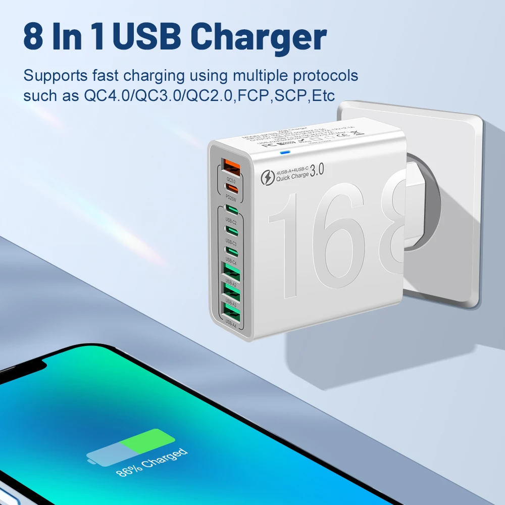 8 Ports USB QC3.0 Fast Charger EU US KR Plug 150W Fast Charger Power Adapter For iPhone 16 15 14 13 Xiaomi Samsung