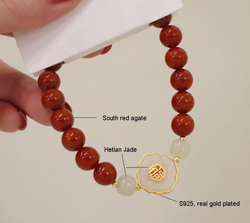 Südrote Achat-Armbänder für Frauen, edler Schmuck, Geschenke, Vintage-glücklicher chinesischer Schriftzeichen, Segen, Hetian-Jade-Handschnur – Detail 1
