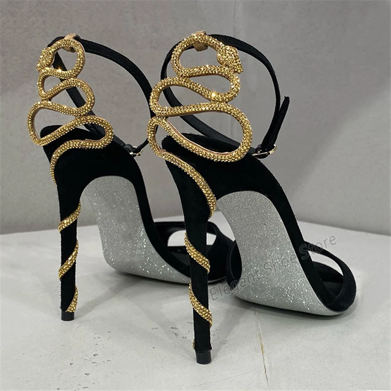 Gold Snake Wrap Heel Sandals Sexy Rhinestone Black Suede High