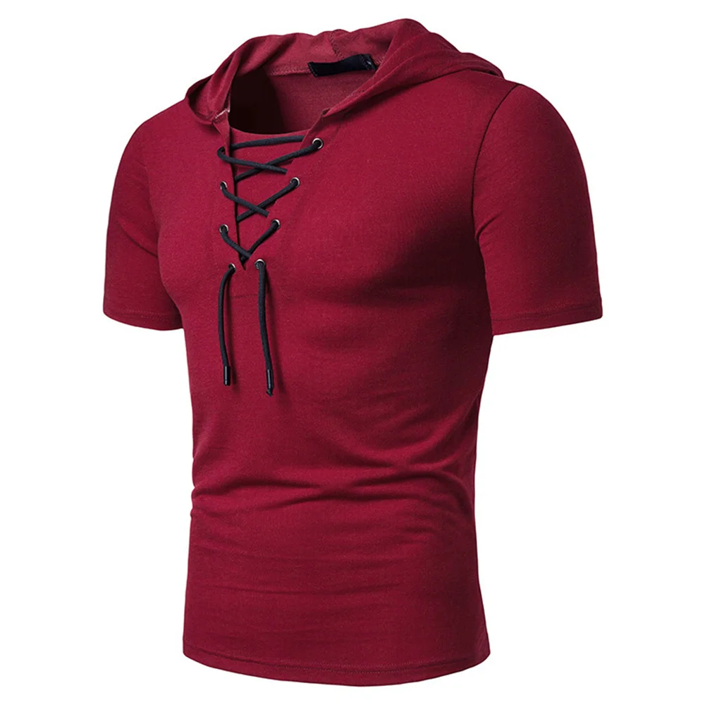 

2023 Men T Shirt Summer Personality Hooded Tees Lacing Short Sleeve T-Shirt Homme Slim Fit Sportwear Clothing Mens Tshirt MY104