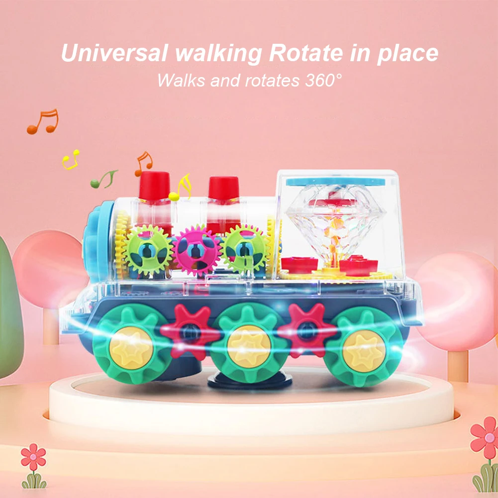 라이트 업 기차 장난감 조기 교육 배터리 구동 투명 기어 자동차 장난감, 음악 라이트 트레인 크롤링 장난감, 남아 여아