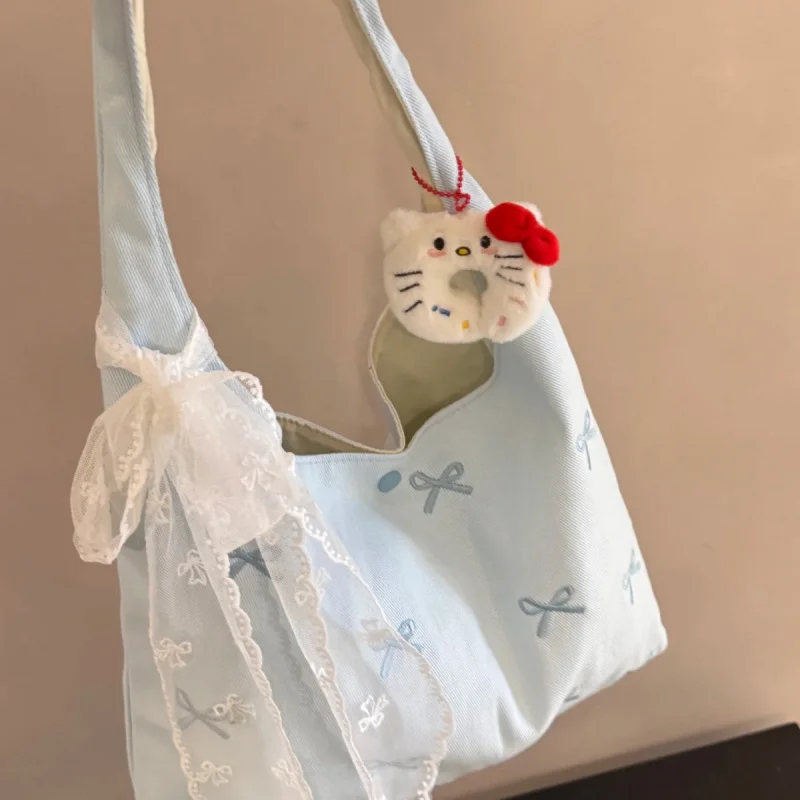 Korean Blue Bow Embroidered Canvas Bag for Women 2025 New Large Capacity Single Shoulder Tote Bag Commuter Underarm Bag