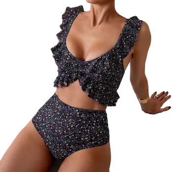 New Sexy Bikini Set Floral U-neck Ruffle Edge Backless Beach Hot Spring Swimsuit Women's Split Set Two Pieces Swimwear