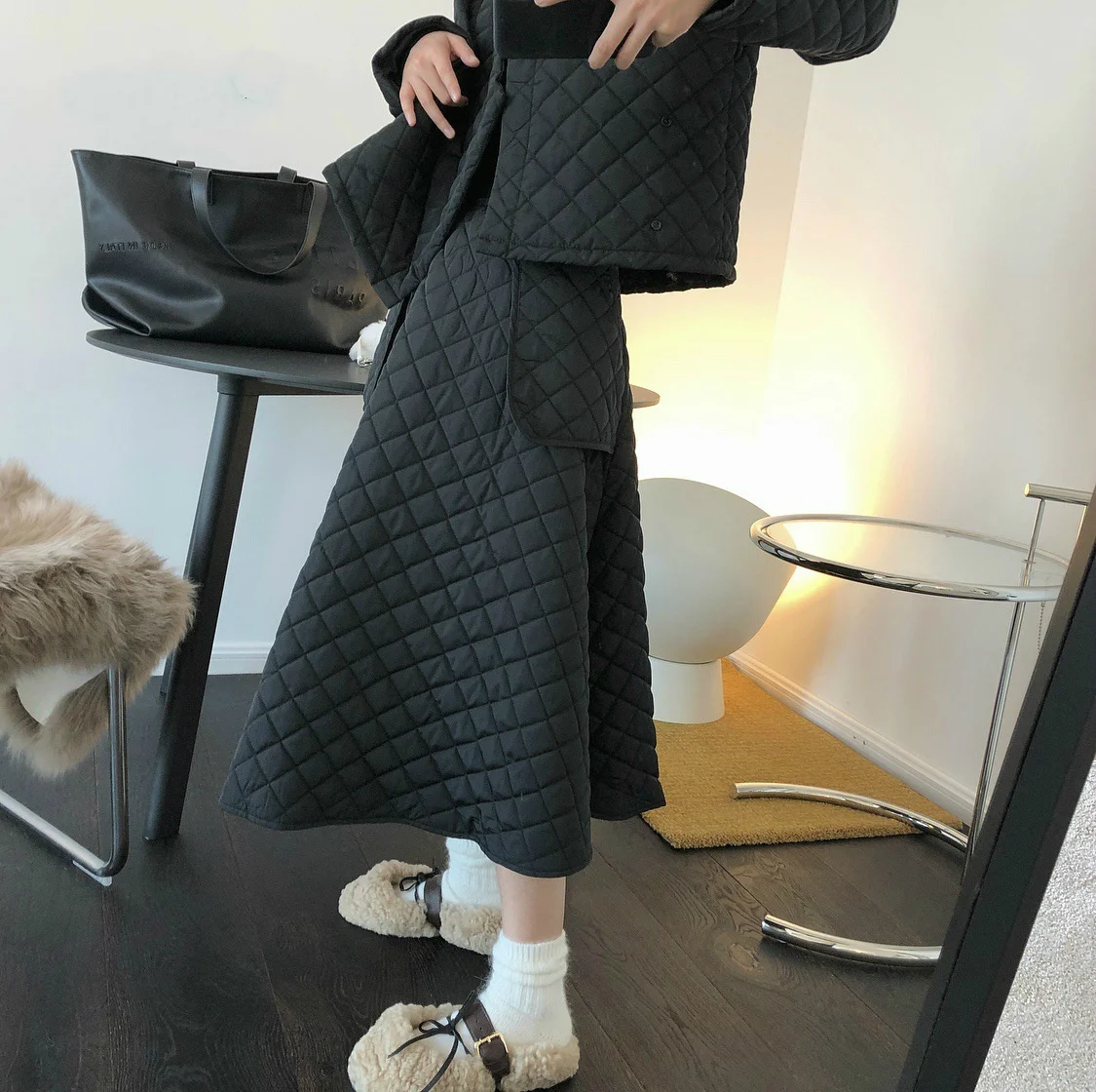 DARK Winter New Korean Fashion Three-dimensional Profile Quilted High Waist Skirt Loose A-line Thick Umbrella Women | Женская одежда