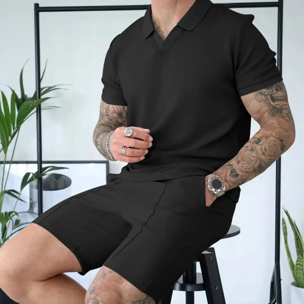 

Men Loungewear Men's Casual Summer Outfit Set with V-neck T-shirt Wide Leg Shorts Streetwear Fashion for Men Elastic Waistband
