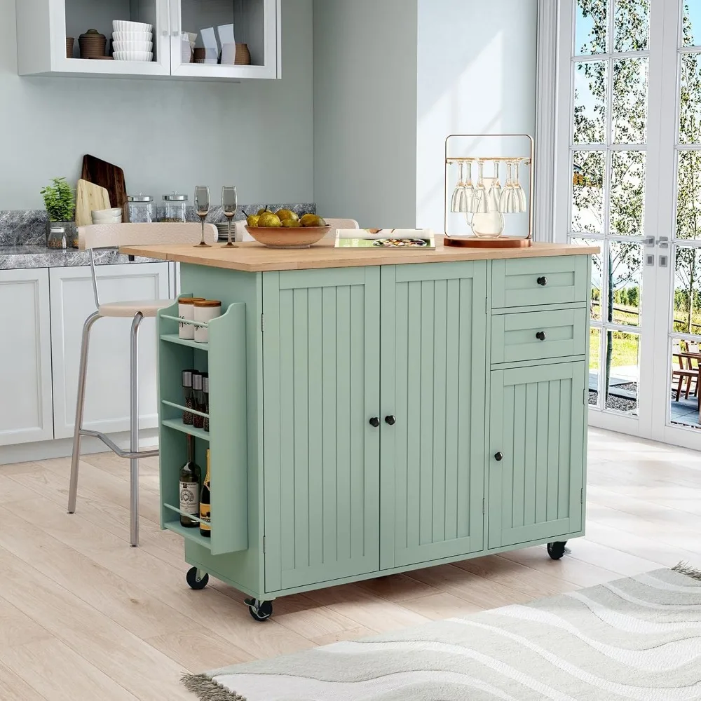 Rolling Kitchen Island with Storage, Drop-Leaf Bar Countertop, Spacious Solid Rubberwood Top, Modern Style 2