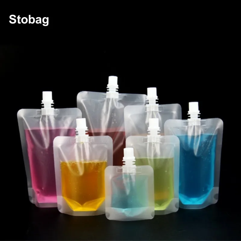 StoBag 100pcs Frosted Matte Liquid Packaging Drinking Nozzle Bags Clear Milk Juice Beverage Sealed Storage Reusable Pouches