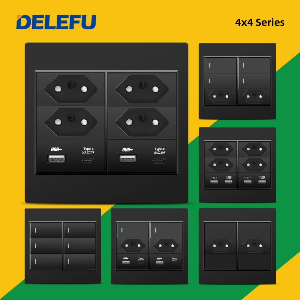 Delefu 4×4 Fireproof Painel pc Brasil Standard Outlet Duplo Usb tipo c Parede Tomada Interruptor de Luz Escritório Preto 10a 20a Carga Rápida