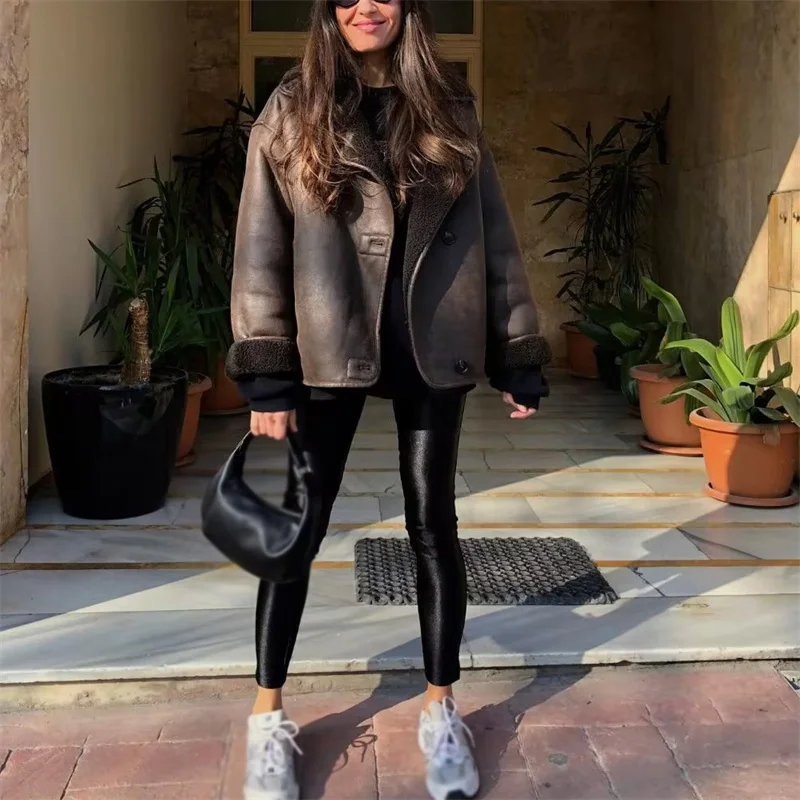 

2023 Winter Girls Fashion Coffee Fur Patchwork Jacket Woman Casuak Loose TurnDown Collar Jackets Female High Street Coats