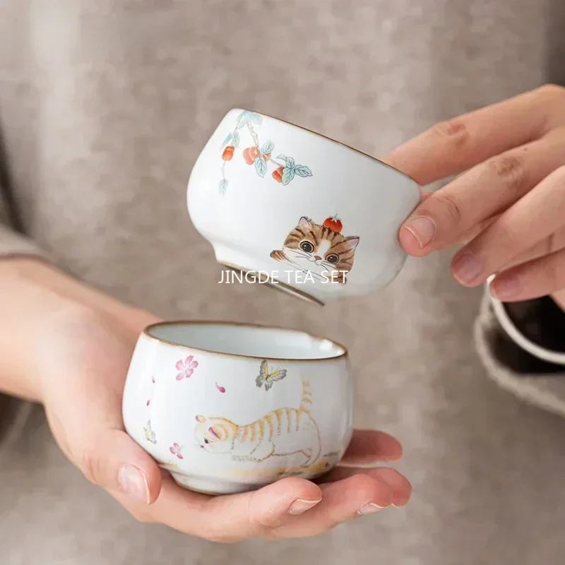 Chinese Ru Kiln Ceramic Teacup Travel Meditation Cup Handmade Cute Cat Pattern Tea Bowl Personal Pu'er Master Cup Tea Set 100ml