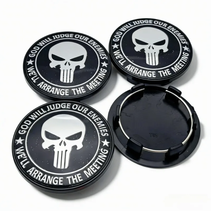 4er-Set Totenkopf-Logo-Emblem-Abdeckungen für Radnaben, 69 mm Clips, 56 mm Radnaben-Staubschutzkappen, Felgenabdeckungen, Ersatz-Autozubehör – Detail 3