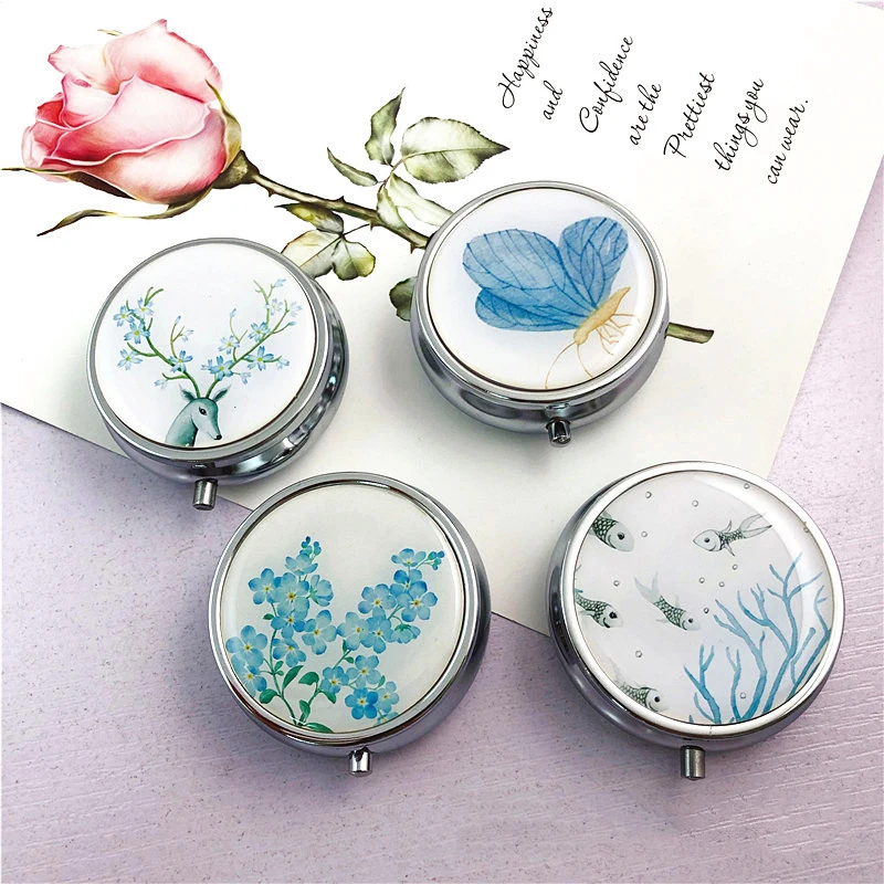Pattern Box Pill Storage Container Medicine Box Metal Round Flower Print Folding Pill Case Medicine Organizer Pill case