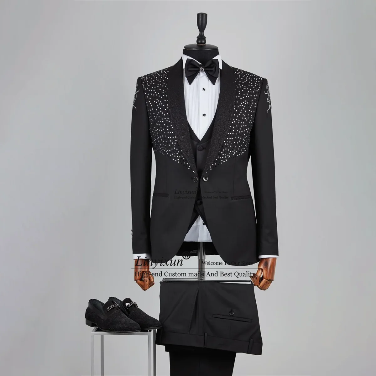 

Glitter Beaded Crystal Men Suits Shawl Lapel Groom Tuxedos 3 Pieces Set Male Prom Blazers Slim Fit Wedding Costume Homme Marrige