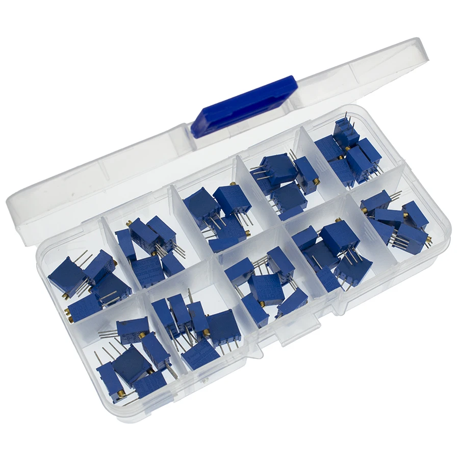 Set 50 Pezzi Trimmer Regolabili 3296W - 10 Valori: 100/200/500/1k/2k/5k/10k/20k/100k/500k Ohm, Potenza 1/4W, Cermet, Fai Da Te