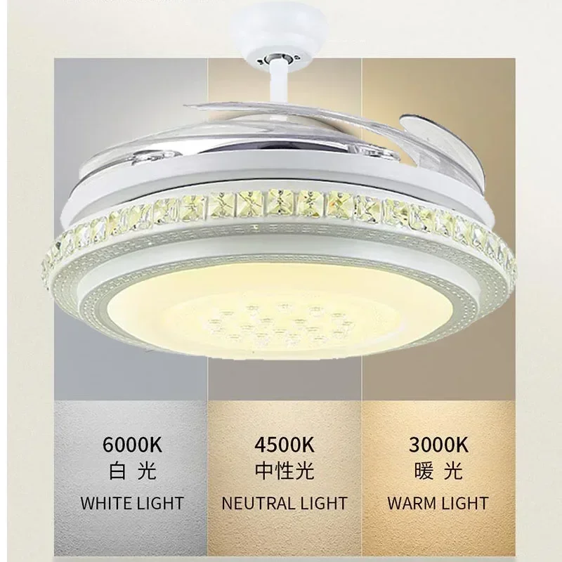 Invisible Ceiling Fan With Light Living Room Dining Bedroom Remote Control DC Motor 6 Speeds Crystal Chandeliers Ceiling Fans