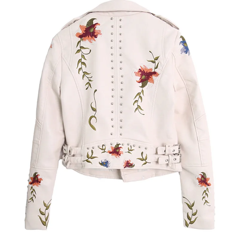 New Women Retro Floral Print Embroidery Faux Soft Leather Jacket Coat Turndown Collar Pu Biker Black Rivet Punk Outerwear A1008