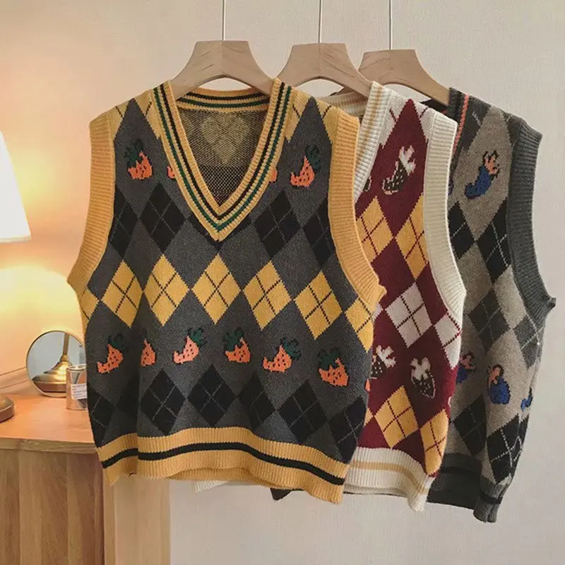 

Women's Sweater Argyle Loose Knitted Vest Sweater Preppy Style V Neck Sleeveless Vintage Clothes Pullover Winter Clothes Women