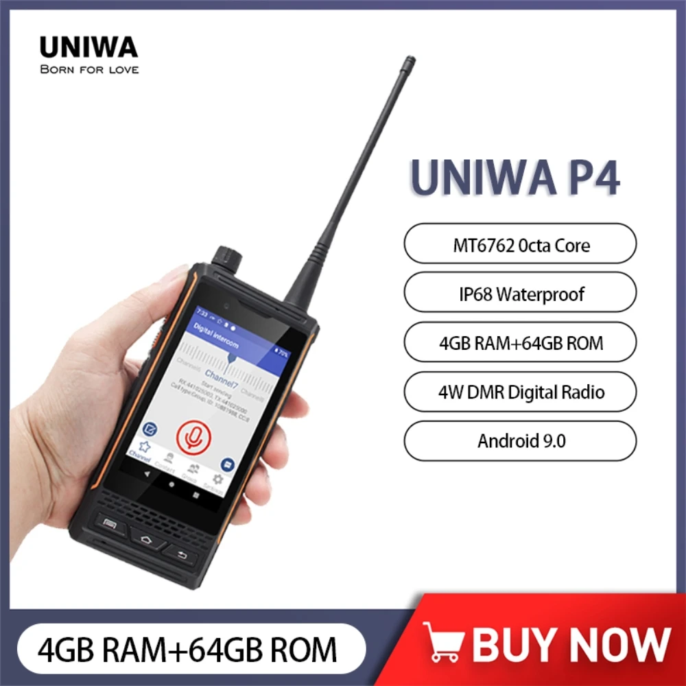 UNIWA P4 Smartphone 4W DMR Analog Walkie Talkie Waterproof 4.0Inch 4GB+64GB MT96762 Octa Core Android 9 Mobile Phone 3000mAh NFC