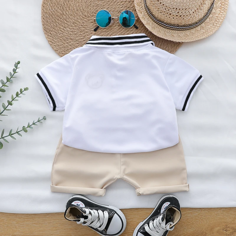 Summer cartoon bear embroidered POLO shirt and shorts set for infants and young children 2