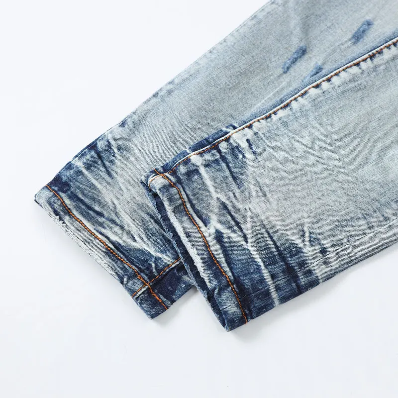 High Street Fashion Men's Jeans Vintage Light Blue Elastic Tight Split Jeans Men's Patch Designer Hip Hop Brand Casual Pants