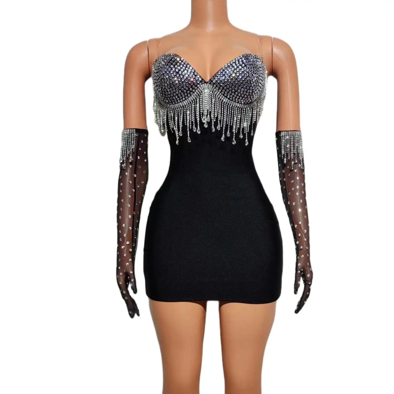

Модное блестящее женское короткое платье с кисточками и кристаллами, женское Клубное платье, соблазнительные Сценические костюмы для джазовых певец с перчатками Dibai