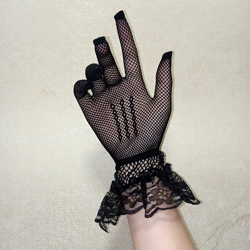 

Women Black White Gloves Mesh Fishnet Gloves Full Finger Glove Summer Autumn Lace Mittens Short Tulle Glove Lady Driving Gloves