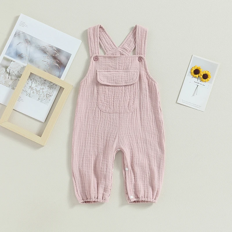 Kids Loose Jumpsuits Baby Summer Clothing Boys Girls Sleeveless Buttons Pockets Suspender Pants Children Overalls 0-24M