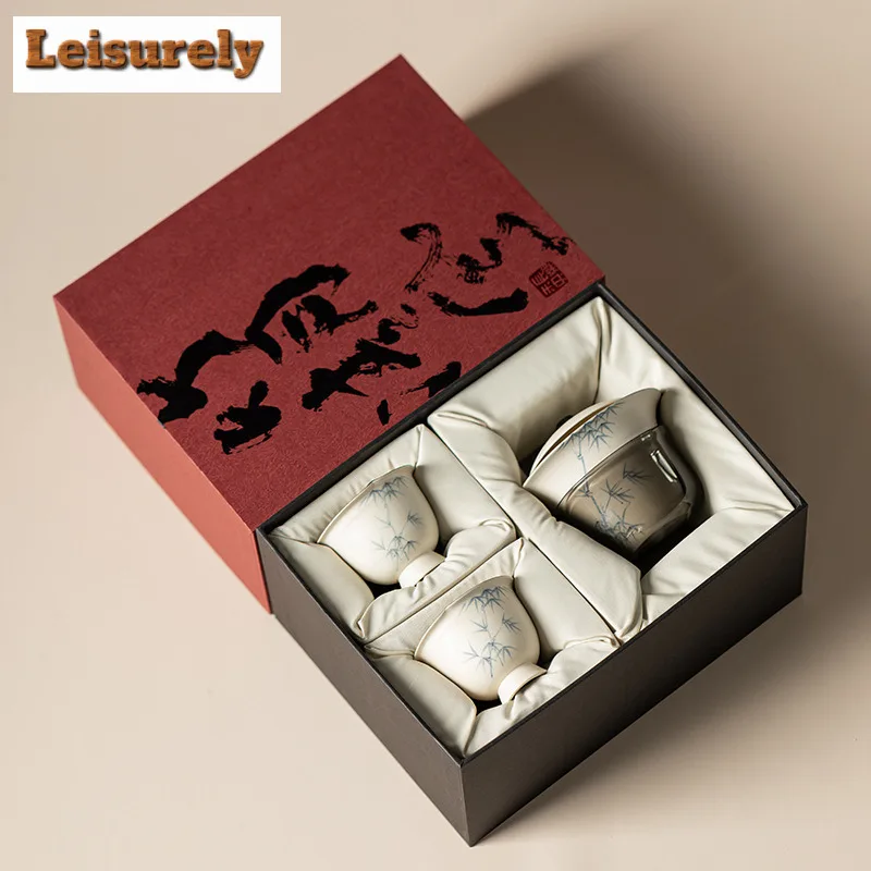 Powder Yin Hand-painted Bamboo Breeze Tea Set Complete Set Luxury Tea Ceremony Set Teapot And Tea Cup Set For Tea Gift Supplies