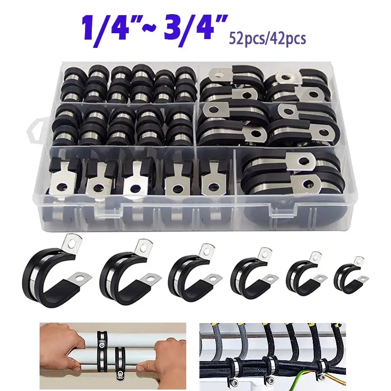 JROUTH 106PCS Cable Clamps Kit - 304 Stainless Steel Rubber Coated R-Type Clamps In 6 Sizes For Wires, Pipes, And Automotive Use