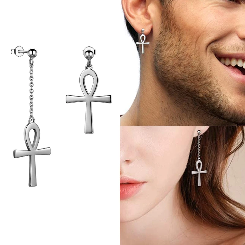 

Egyptian Cross Pendant Cartilage Drop Dangle Earrings Punk Jewelry For Men Women Girl Friendship Gifts Silver Black Gold